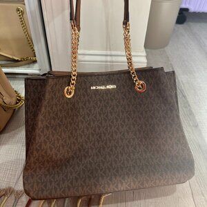 Michael Kors Teagen LG Long Drop Satchel Brown MK Signature Logo Handbag Purse